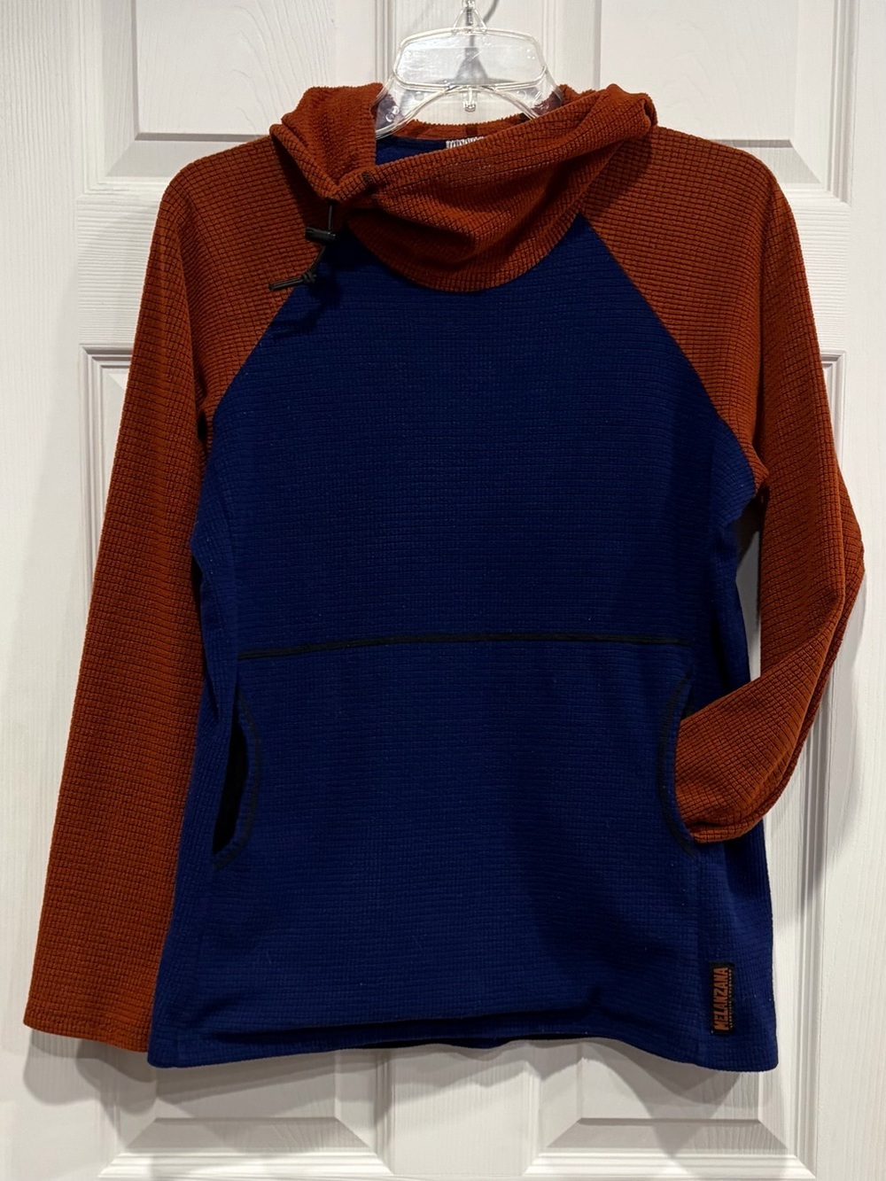Melanzana Women’s Large Micro Grid Hoodie Burnt Orange Blue Jacket GUC Microgrid